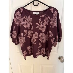 Liz Claiborne Womens L Short Sleeve Floral Sweater Plum Pink Jacquard Knit‎ Top